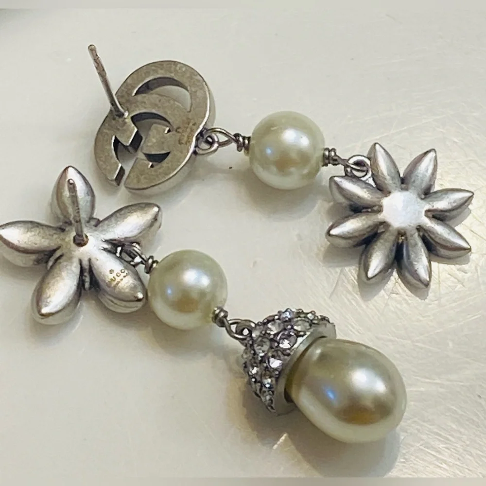 Mismatched Gucci 925 Silver Crystal & Pearl Asymmetrical Drop Earrings - Picture 3 of 6